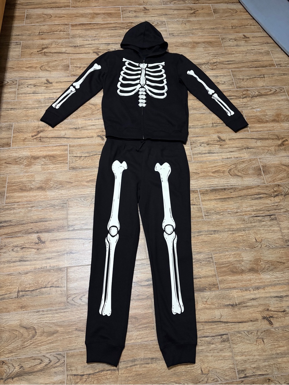 Youth 16 Black Skeleton Hoodie Jacket & Jogger Costume GLOWS IN THE DARK